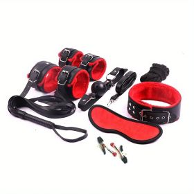 BDSM Bondage Set; Erotic Bed Games; Adults Handcuffs; Nipple Clamps; Whip Spanking Anal Plug Vibrator SM Kit; Sex Toys For Couples - Red