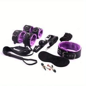 BDSM Bondage Set; Erotic Bed Games; Adults Handcuffs; Nipple Clamps; Whip Spanking Anal Plug Vibrator SM Kit; Sex Toys For Couples - Purple