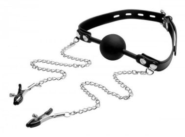 Strict Silicone Ball Gag with Nipple Clamps Black - XRAE976